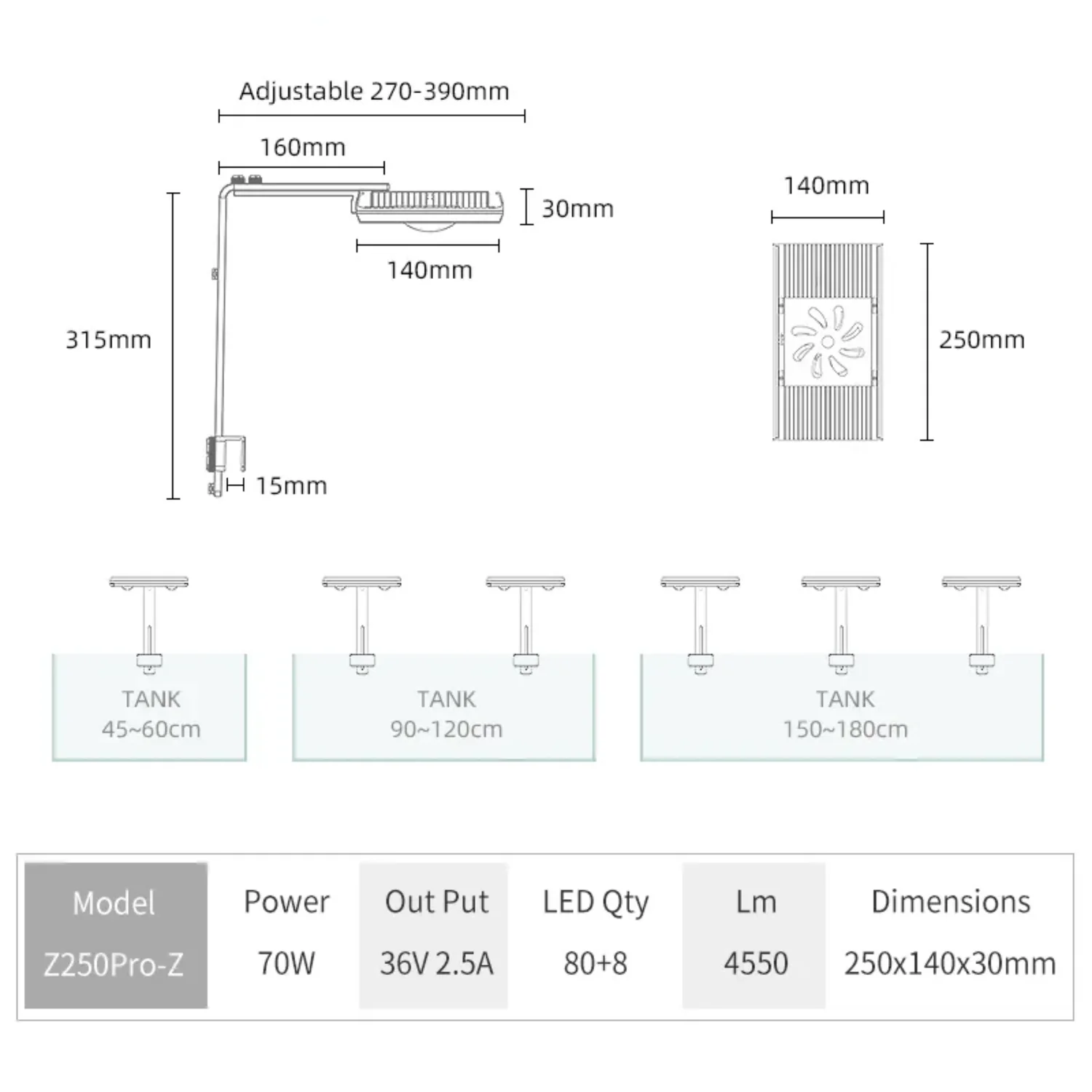 Diagram with dimensions and technical parameters of LED lighting Week Aqua Z250 Pro RGB+UV for aquarium